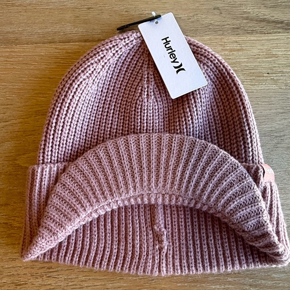 Hurley Women’s Soft Pink Knit Beanie with cap rim.